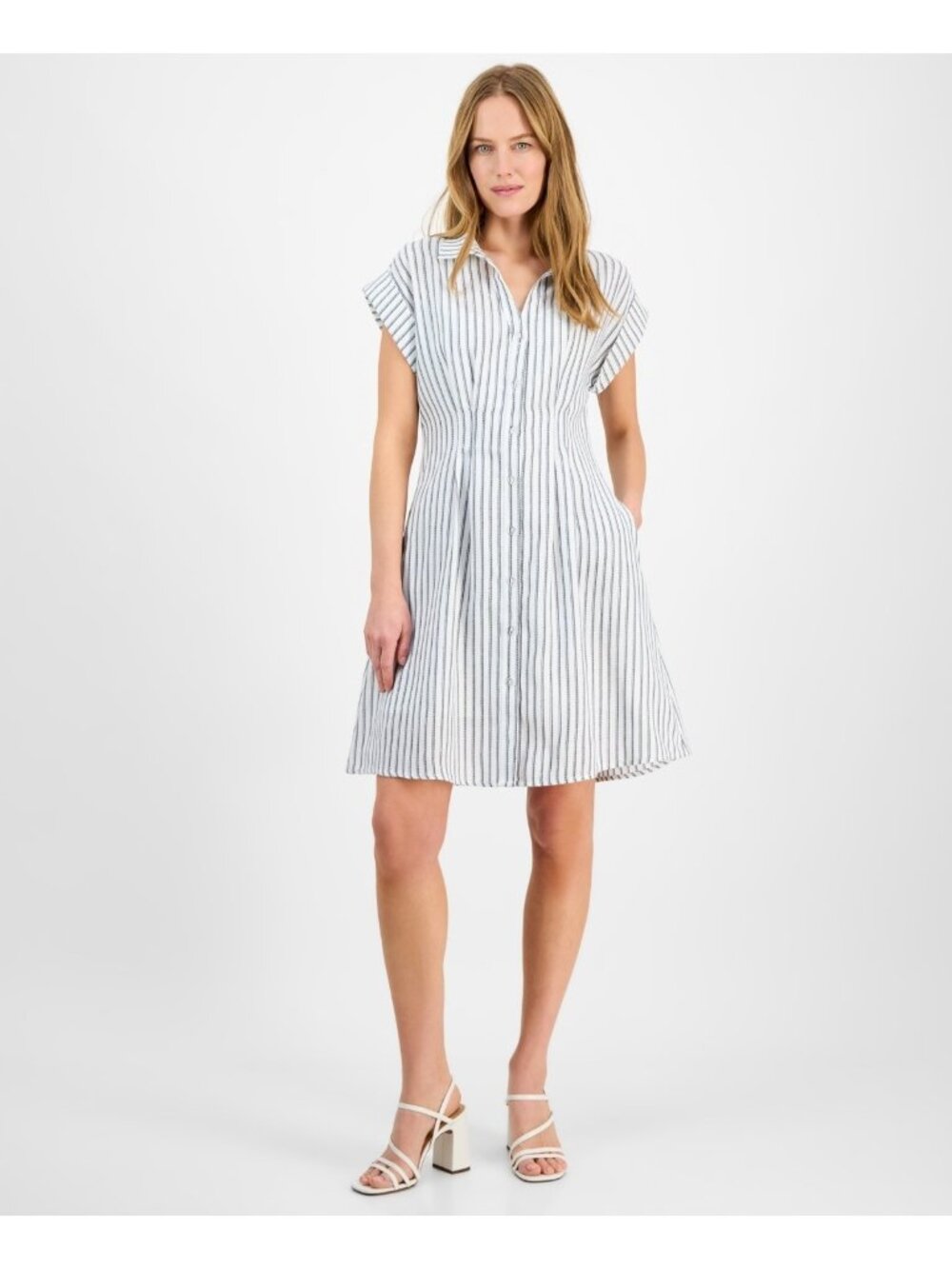 julia jordan Women Linen Striped Cap-Sleeve Button-Front Dress Ivory Size L $129